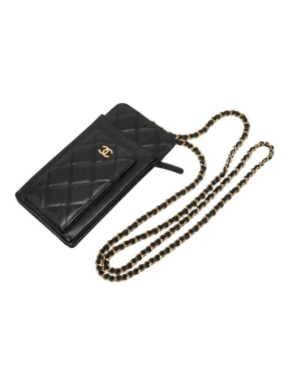 Chanel Quilted CC Logo Timeless Classic Chain Phone Pouch Black Gold Caviar
